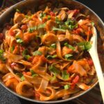 Chicken Tomato Pasta with Red Peppers & Mushrooms a one-skillet wonder with creamy, tangy and sweet tomatoes and peppers, earthy mushrooms, hearty chicken, nutty parmesan cheese and fresh basil.  Made with gluten free pasta, it's a gluten free dish too!