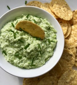 Edamame Bean Gorgonzola dip is sort-of like hummus, but made of Edamame beans.  The edamame beans have a mild, slightly nutty flavor that really takes on the more sharp and salty flavors from the gorgonzola.  The texture is perfect with the edamame providing the more hearty and textured bite and the gorgonzola bringing the creamy feel.  