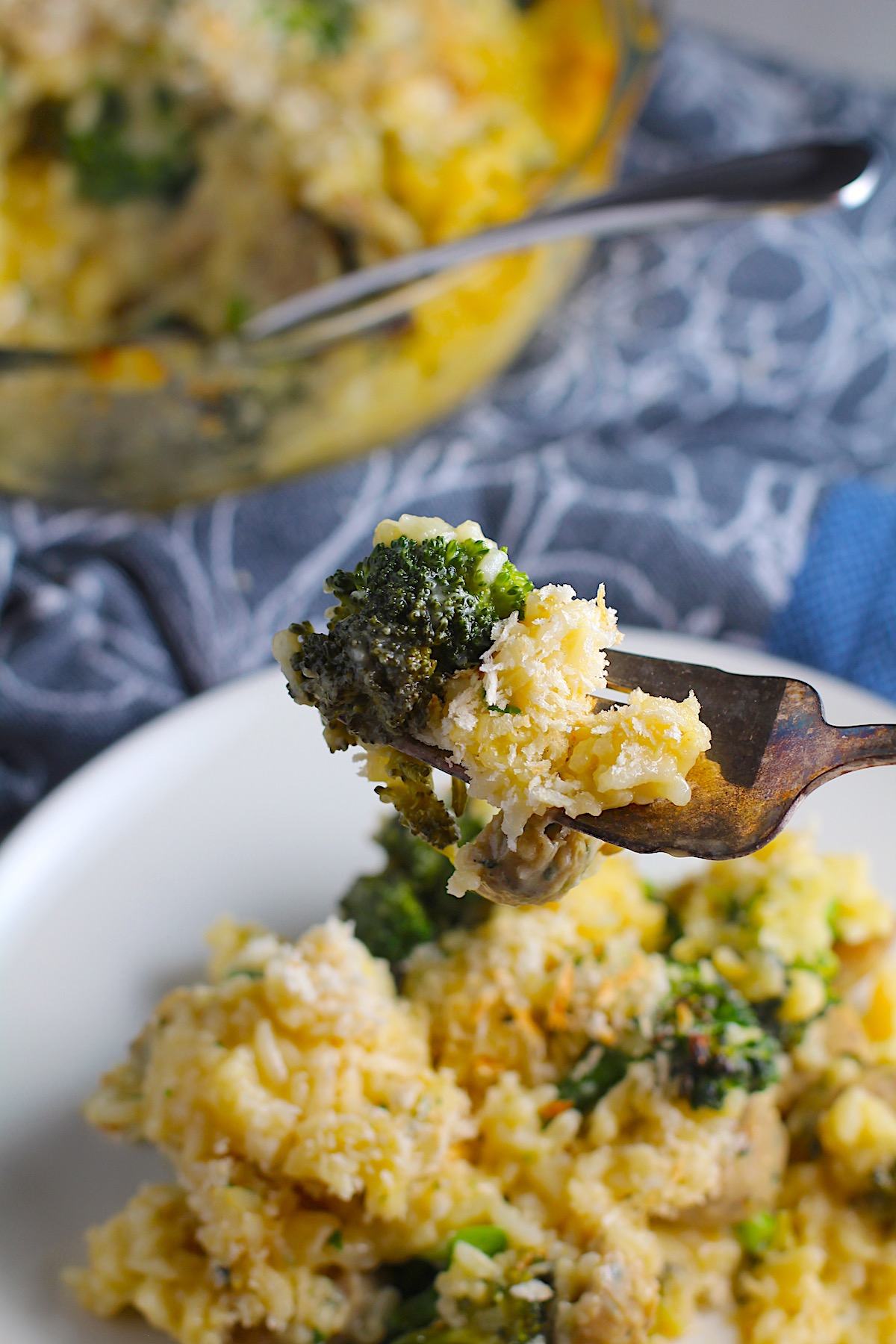 Fork holding a bite of Cheesy Chicken and Broccoli Rice Casserole with bread crumb topping on a plate.