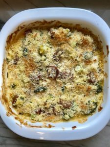 Cheesy Chicken Sausage & Broccoli Rice Casserole in dish.