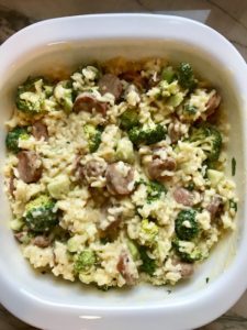 Cheesy Chicken Sausage & Broccoli Rice Casserole on plate