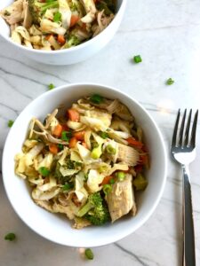 This warm Chicken and Seared Cabbage Salad with carrots and broccoli can be eaten by itself or on top of rice and it is great warm or cold! I love asian flavors and the nuttiness from the sesame oil, the saltiness from the soy sauce, with the sweetness from the honey and vinegar are a wonderful combination.