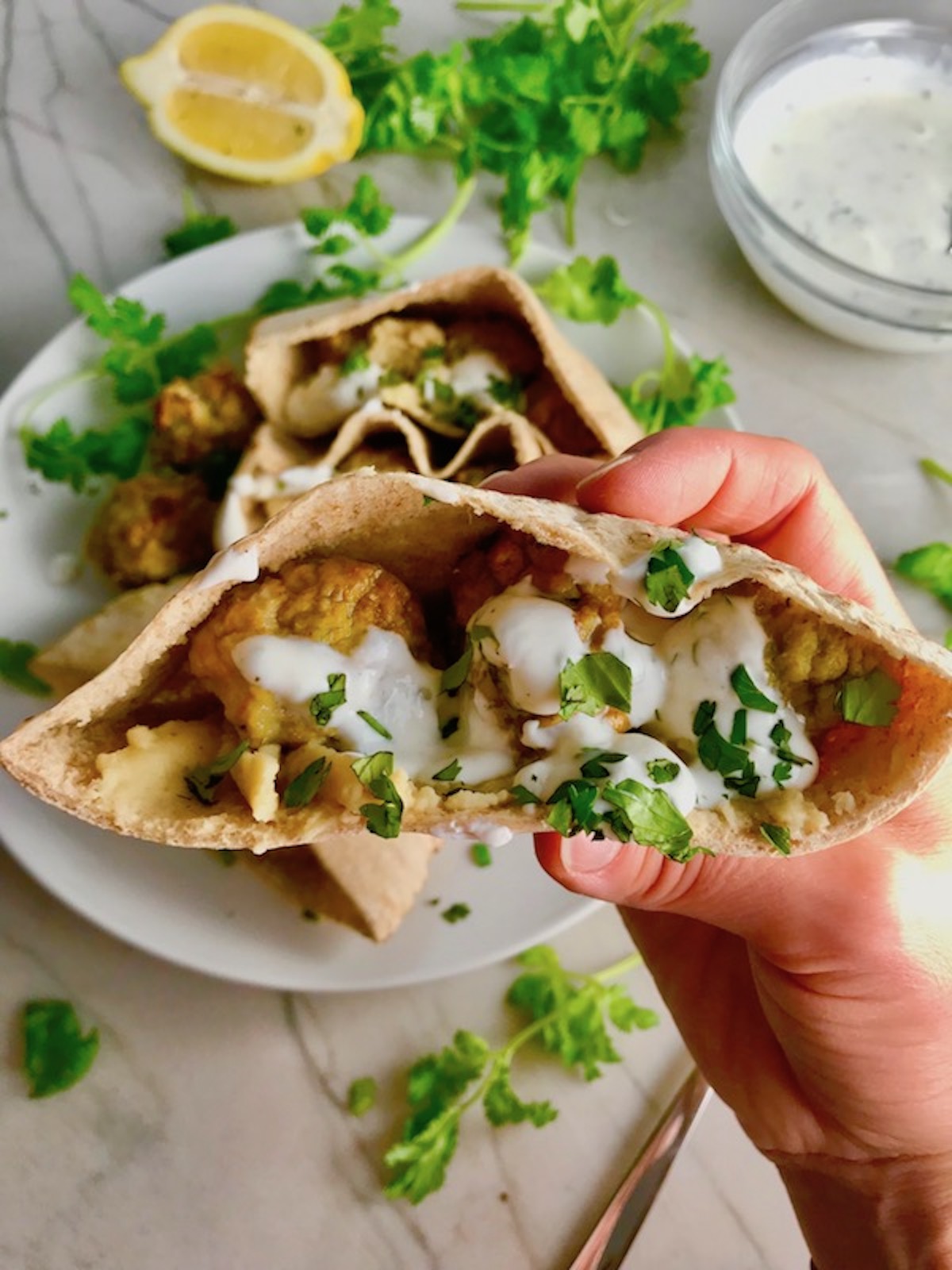 Hand holding Moroccan Pita Bread Sandwiches Recipe on a plate. They are filled with homemade hummus, moist turkey meatballs made with warm Moroccan spices like ginger, turmeric, and coriander, and then topped with creamy, fresh and bright lemon yogurt sauce.
