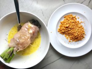 4-Ingredient DORITO CHICKEN and Asparagus Rolls! Yes, Doritos, my friend. The Doritos add a salty and crispy crust to the outside of the chicken with a hint of cheesy flavor. The Chicken stays moist and juicy rolled up and you get this fresh bite of Spring in the center with the Asparagus.