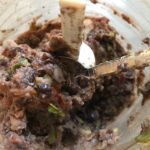 Blended black beans and scallions in food processor for Chipotle Meatballs with Mexican Corn Cream Sauce