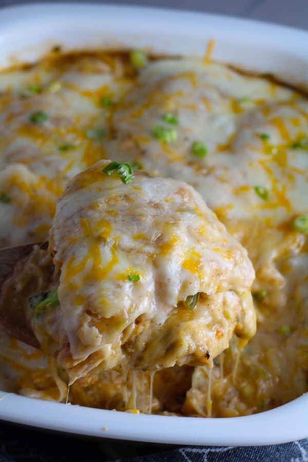 Photo of white chicken enchilada casserole after baking in a white baking dish.