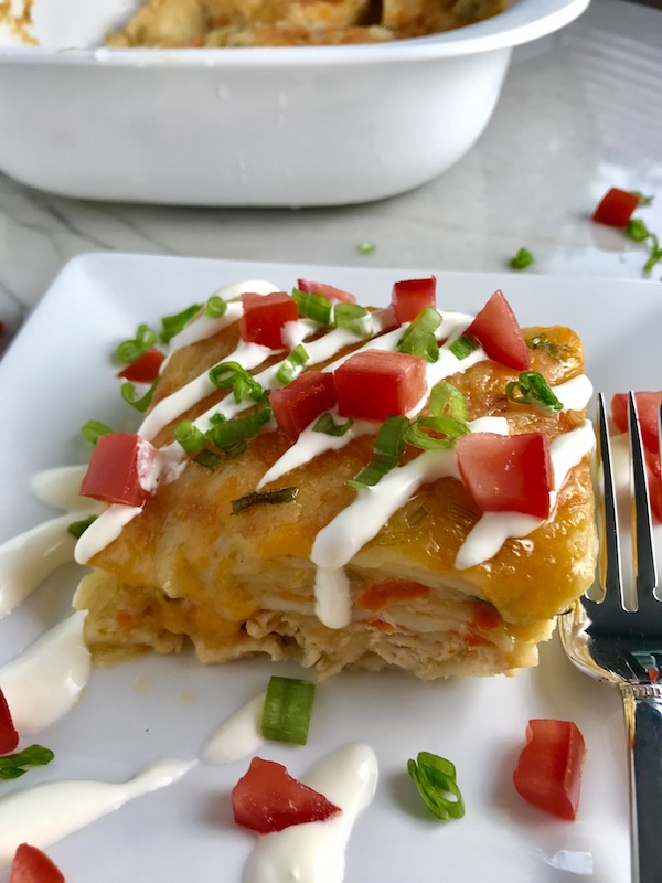 White Enchilada Casserole with Chicken & Veggies is hearty, cheesy, delicious, & easy because everything is layered in one dish. It has everything you love in a White Enchilada Casserole with the bonus of hidden vegetables with extra vitamins and antioxidants! Even picky eaters will not know they are eating veggies!