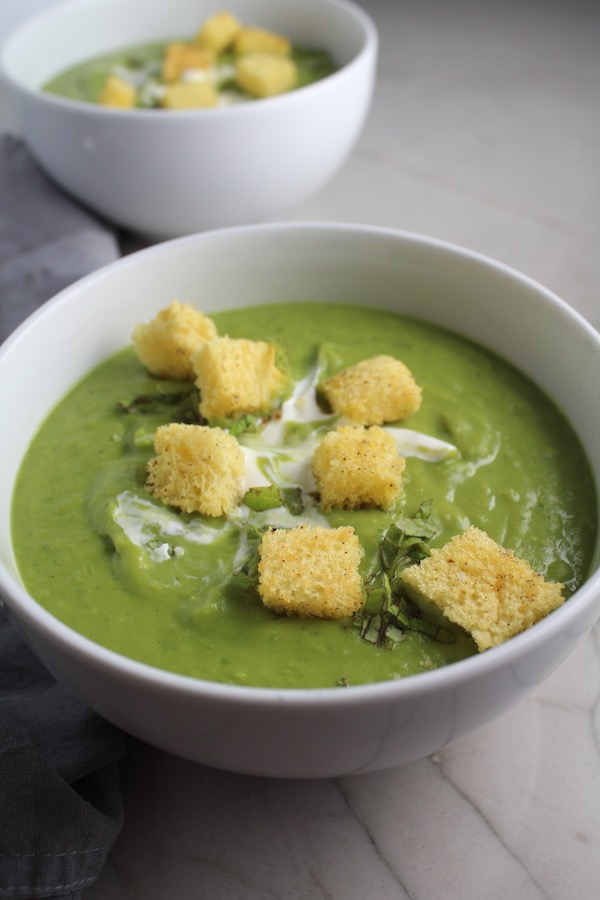 Creamy, sweet, fresh, with a kick...this Zesty Pea Soup with Spring Peas, Jalapeño, and Mint is a delicious new take on Pea Soup recipes! You get the sweet spring flavor of the peas with the cool fresh mint, followed by the peppery kick from jalapeño that leaves a wonderful warmth (not spicy-hot) feel in your mouth.