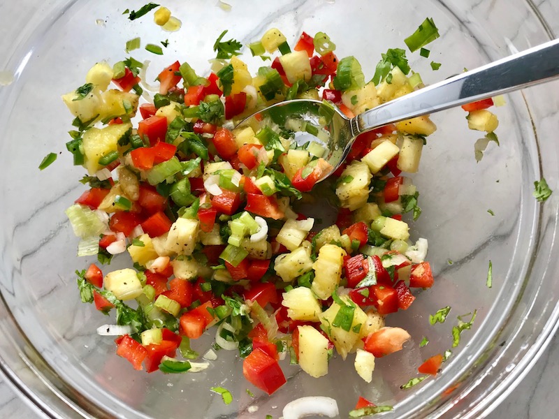 Fresh, bright, sweet, creamy, crunchy, and bursting with flavor, this Zippy Pineapple Salsa has red pepper, jalapeño, cilantro, scallion, lime, and avocado. It's the perfect topping for just about anything grilled. It's also just perfect for eating with chips or as a salad on it's own!