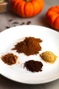Spices on plate, clockwise: Cinnamon, Ginger, Clove, Nutmeg. This Pumpkin Spice Recipe has 4 simple ingredients and takes minutes to make! PLUS, here are 20 EASY WAYS TO USE this Spice blend, many with no baking at all!