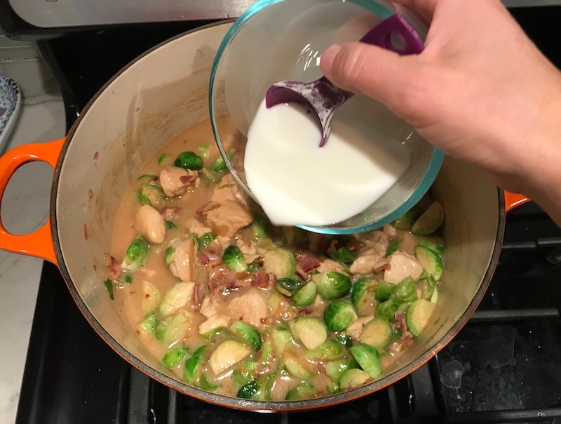 Adding Corn starch thickener to the Easy Bacon Brussel Sprouts and Chicken recipe. It's a perfect quick Fall Recipe!  It has a creamy sauce filled with salty bacon, earthy and almost nutty seared brussel sprouts, and hearty healthy chicken. Serve over rice (or Quinoa or pasta!).