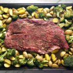 Raw flank steak on sheet pan in center of potatoes and broccoli. This Flank Steak Recipe with Potatoes & Broccoli is an easy and delicious Sheet Pan Dinner.  It has a flavorful rub and a tangy, light Garlic Chive Crema! 