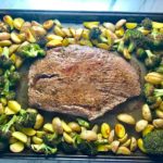 Cooked Flank Steak with Potatoes & Broccoli on sheet pan. This recipe is an easy and delicious Sheet Pan Dinner.  It has a flavorful rub and a tangy, light Garlic Chive Crema! 