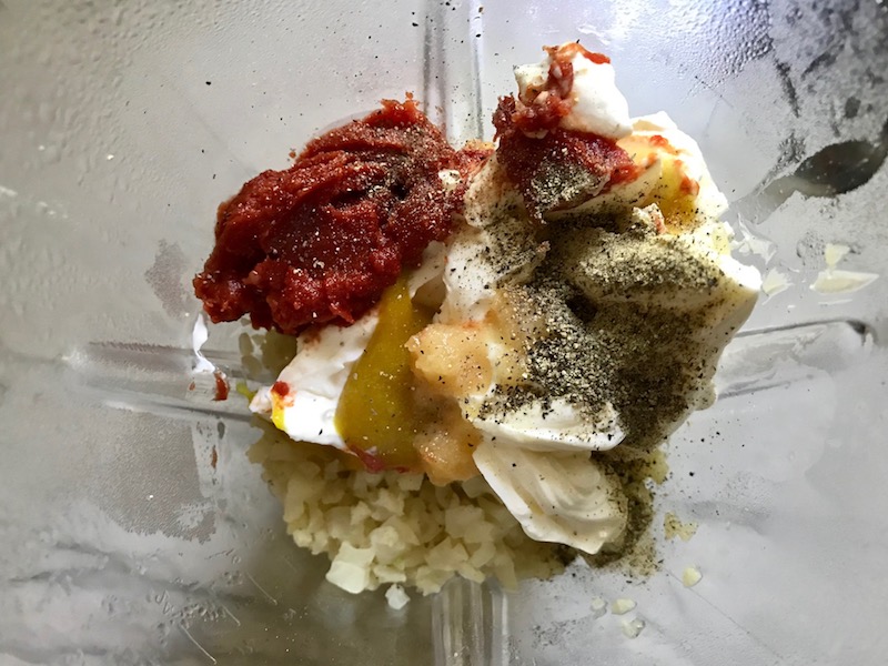 All ingredients in blender for Meatballs in Cauliflower Dill Cream Sauce. #meatballs #swedishmeatballs #familydinner #easydinner #dinner #healthydinner