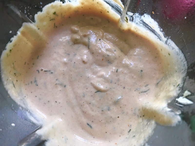 Blended Cauliflower cream sauce in blender for Meatballs in Cauliflower Dill Cream Sauce. #meatballs #swedishmeatballs #familydinner #easydinner #dinner #healthydinner