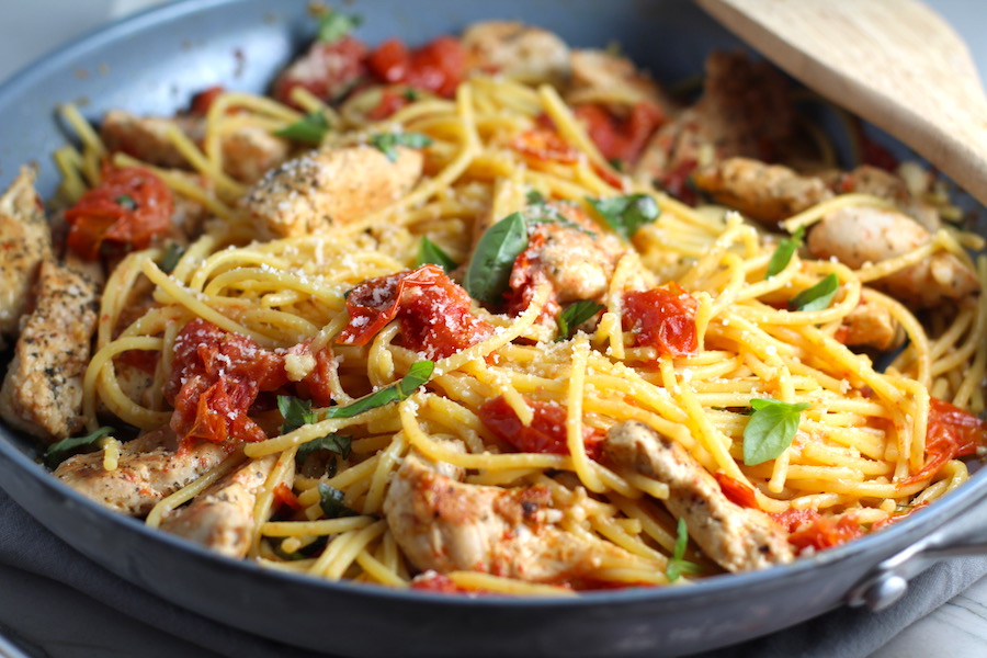 Chicken with Cherry Tomatoes and Basil Pasta - Talking Meals