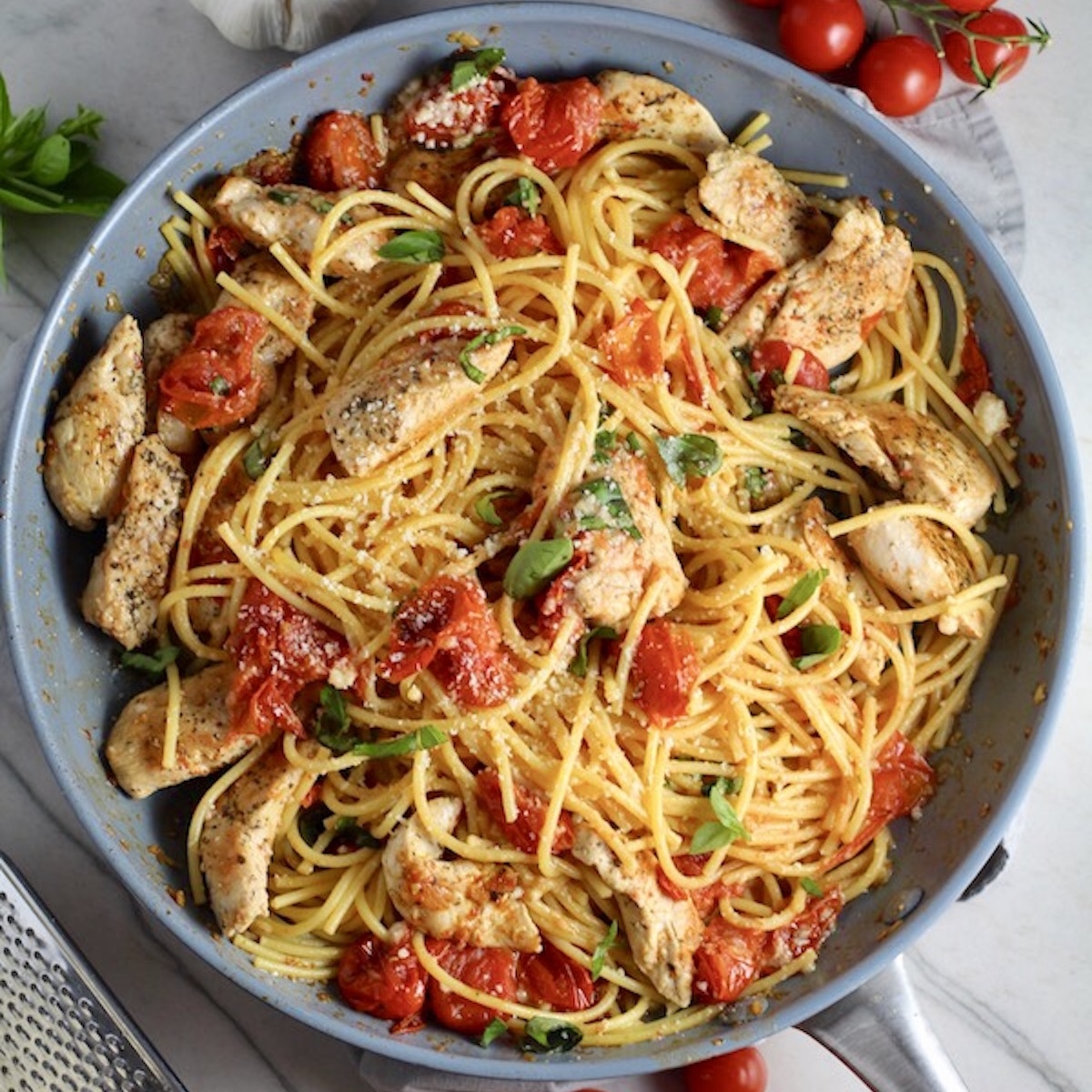 Chicken with Cherry Tomatoes and Basil Pasta - Talking Meals