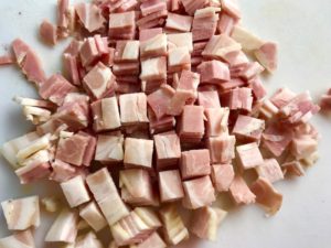 Diced Pancetta for Pancetta, Parmesan, and Pepper Pasta. The Pancetta gives a salty and slightly peppery flavor, Parmesan cheese creates a nutty and creamy sauce, and the ground black pepper gives a peppery flavor that makes this pasta stand out. #pasta #easypasta #easydinner #dinner #italian #familydinner #onpotdinners #onepandinners #parmesan