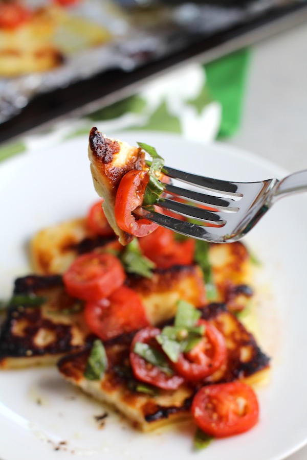 Grilled Halloumi Cheese & Tomato Salad on plate with fork holding bite. It's insanely delicious! Grilled Halloumi has a strong savory and salty flavor that is slightly creamy and incredibly addictive. Paired with my simple Tomato and Basil salad, each bite is simply heaven. #halloumi #appetizers #salads #grilling #summerfood