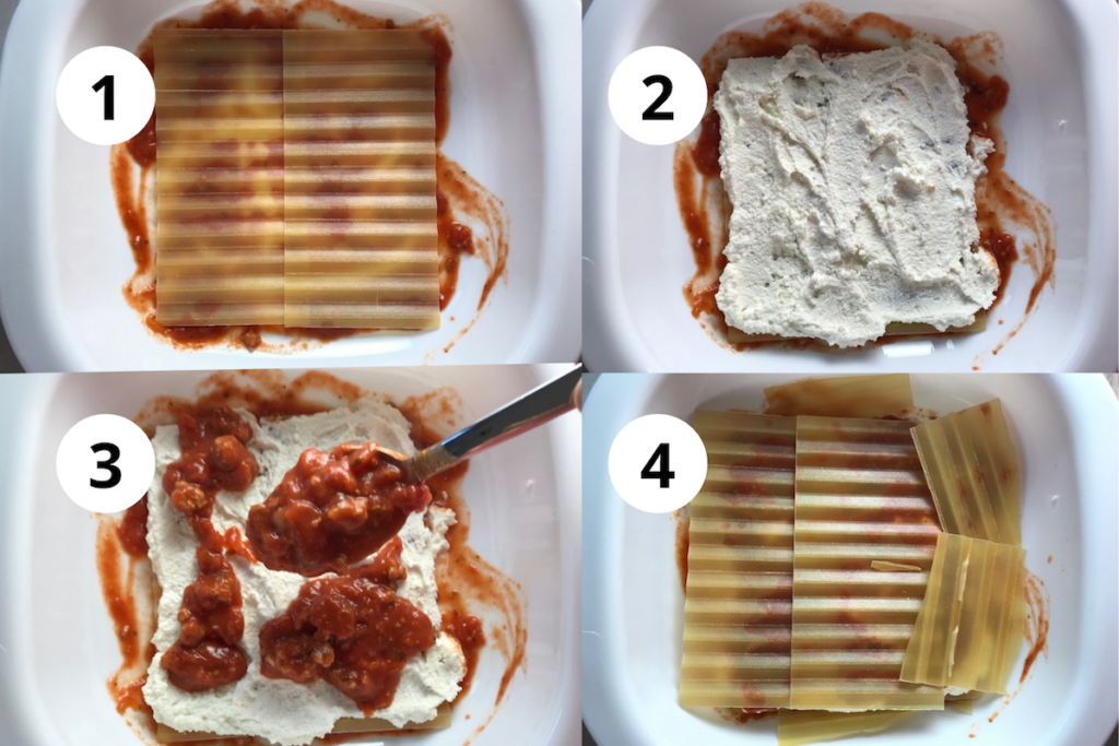 4 Images to show process of layering the lasagna with noodles, ricotta, sauce in casserole dish for this Easy Italian Sausage Chicken Lasagna Recipe. It's the stuff that dreams are made of.  Layers of pasta, creamy ricotta, salty chewy mozzarella, salty and hearty Italian Sausage, and sweet and tangy tomato sauce.