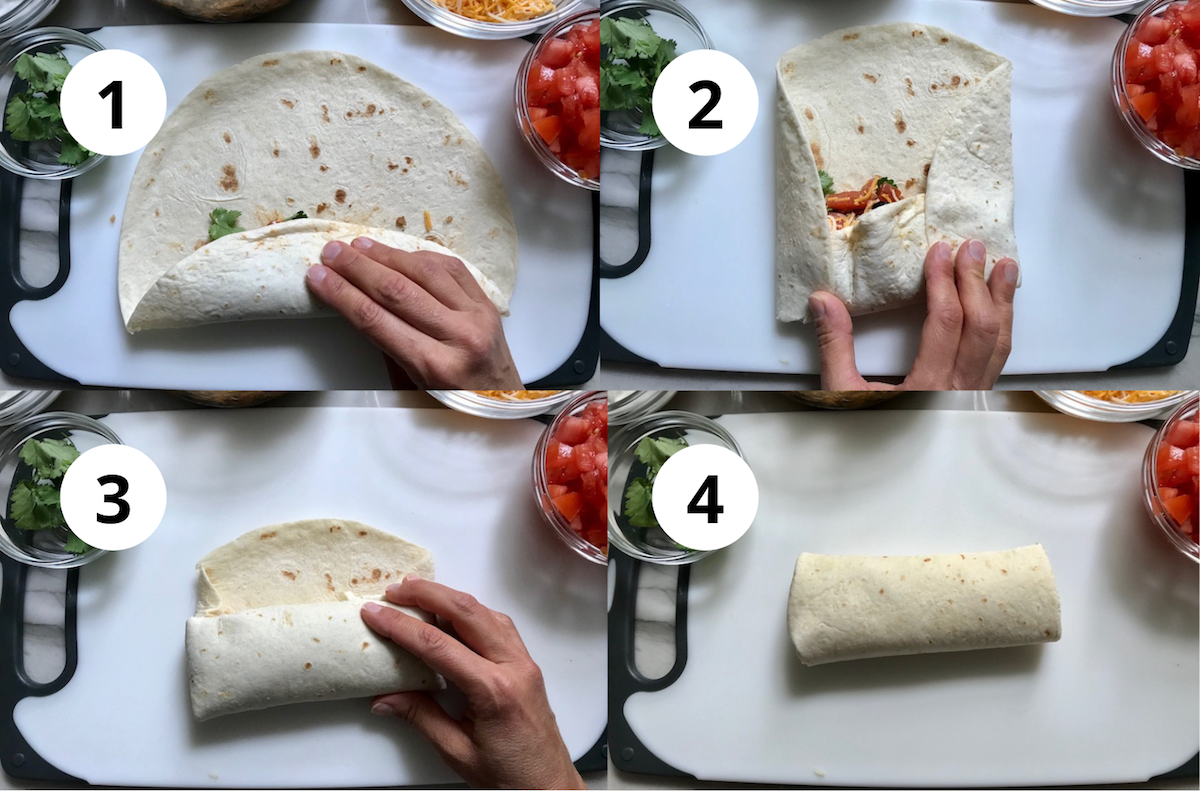 4 Picture collage showing how to roll the burrito with Black Beans and Quinoa Recipe.  Packed with protein and fiber, but also cheese, tomato, cilantro, and sour cream!  The vegetarian 'meat' is taco-seasoned quinoa, black beans, and cauliflower.