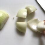 Cut onion for Garlic Steak Kabobs. #beefkabobs #steakkabobs