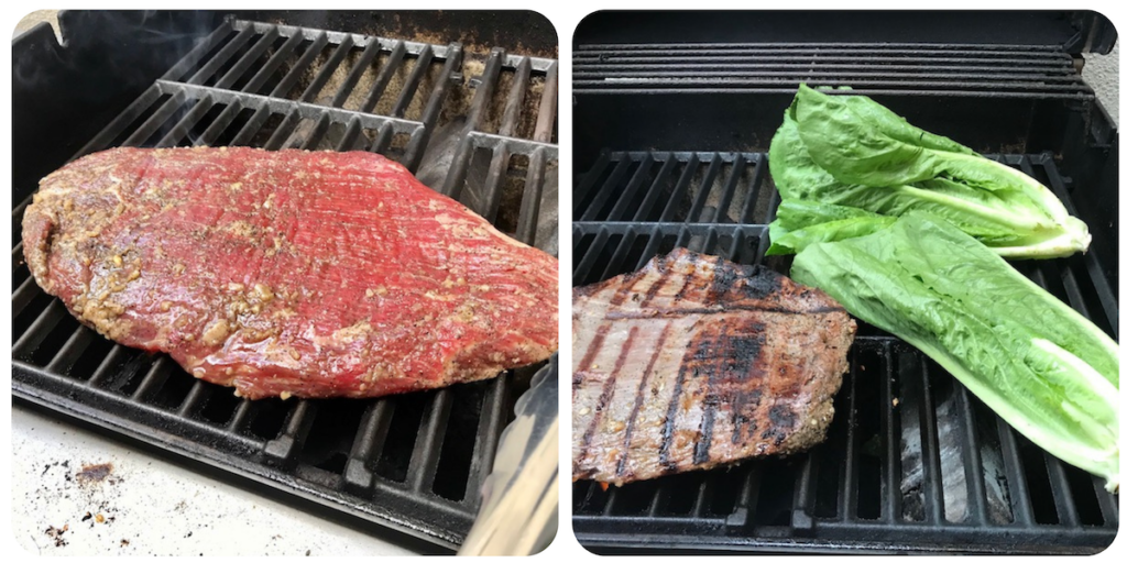 2 Images showing (left) raw flank steak on gas grill and (right) cooked flank steak and romaine on gas grill for Flank Steak Salad Recipe with halved grape tomatoes, and creamy basil yogurt dressing.