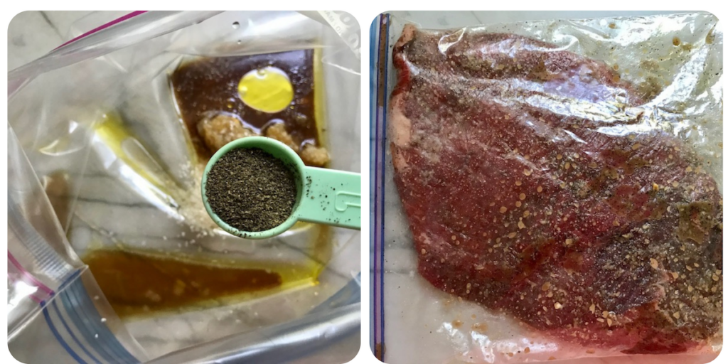 2 images showing (left) adding marinade ingredients to a plastic bag for Flank Steak Salad and (right) showing flank steak sealed in marinade bag.