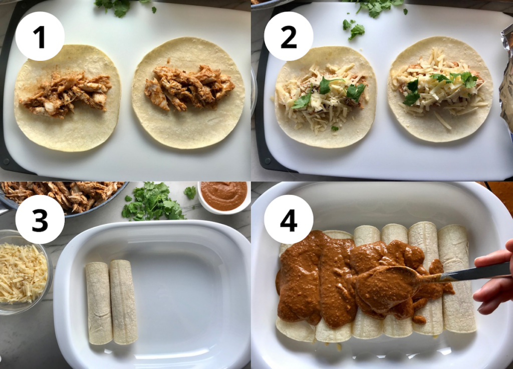 4 image collage shoring how to fill, roll, place enchiladas into dish, and cover with mole sauce recipe.