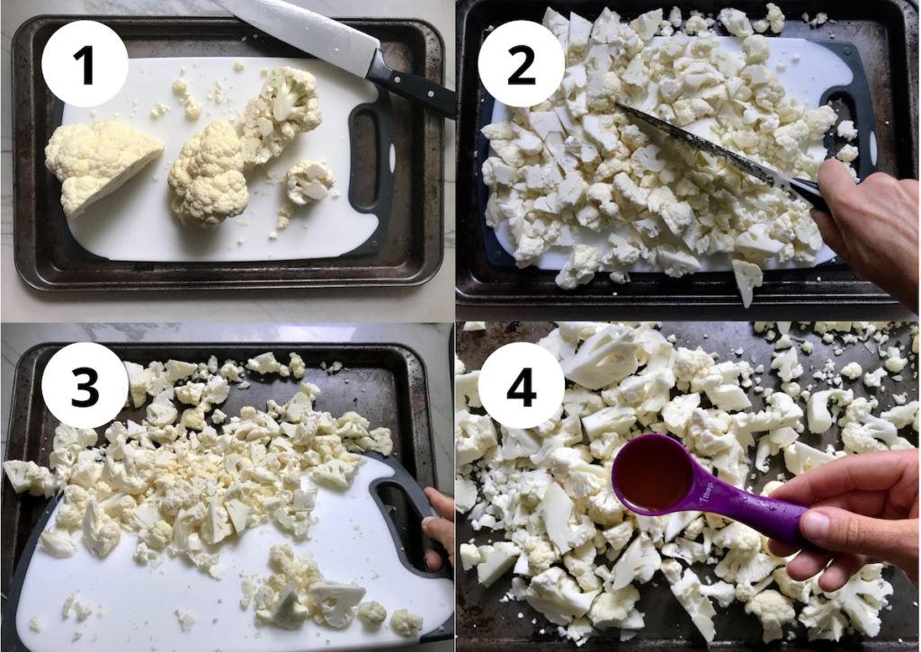 Four-picture collage of cauliflower being prepped for roasting for Roasted Garlic Cauliflower Mash. Upper left: on cutting board in sheet pan with knife. Upper right: cauliflower chopped up. Lower left: pouring chopped cauliflower from cutting board onto sheet pan. Lower right: tablespoon of oil being poured over raw cauliflower on sheet pan.