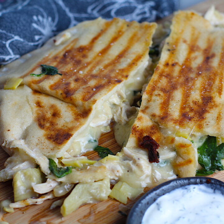 Grilled Chicken Pita With Cheese, Spinach, And Artichoke - Talking Meals