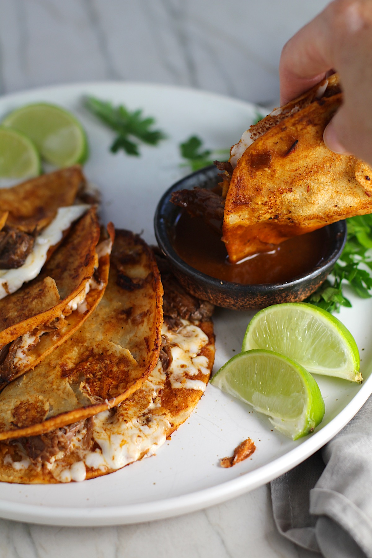 3 tacos fanned out on a plate with the 4th taco being dipped into sauce for this Birria Tacos Recipe. Each taco has shredded beef and oaxaca cheese oozing out. On the plate is a bowl of red sauce, lime wedges, and cilantro.