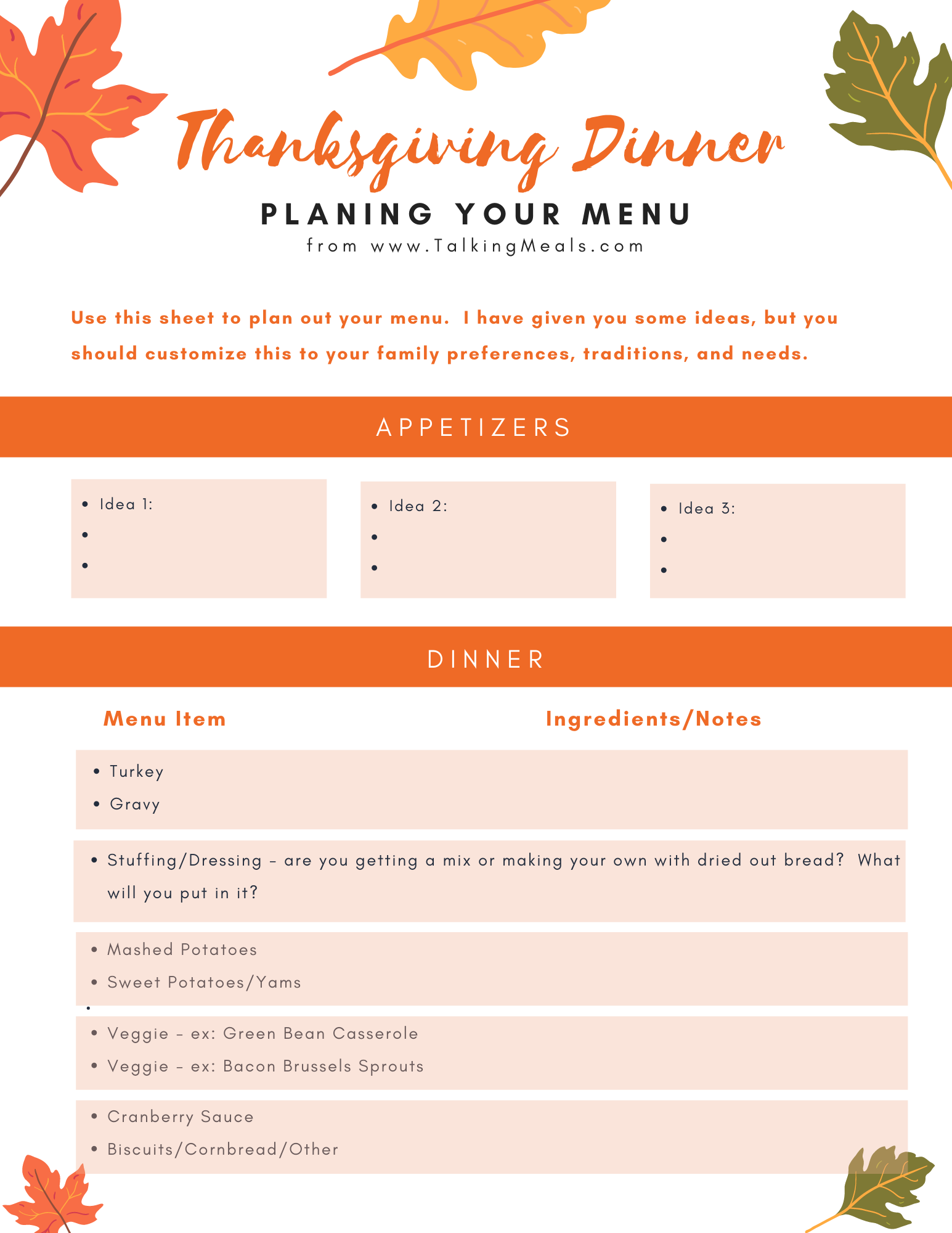 Thanksgiving Meal Planner Guide Printable Story - Talking Meals