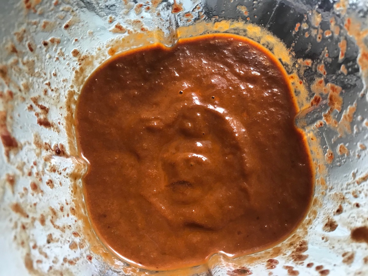 Blended sauce in a blender for Mexican Shredded Beef.