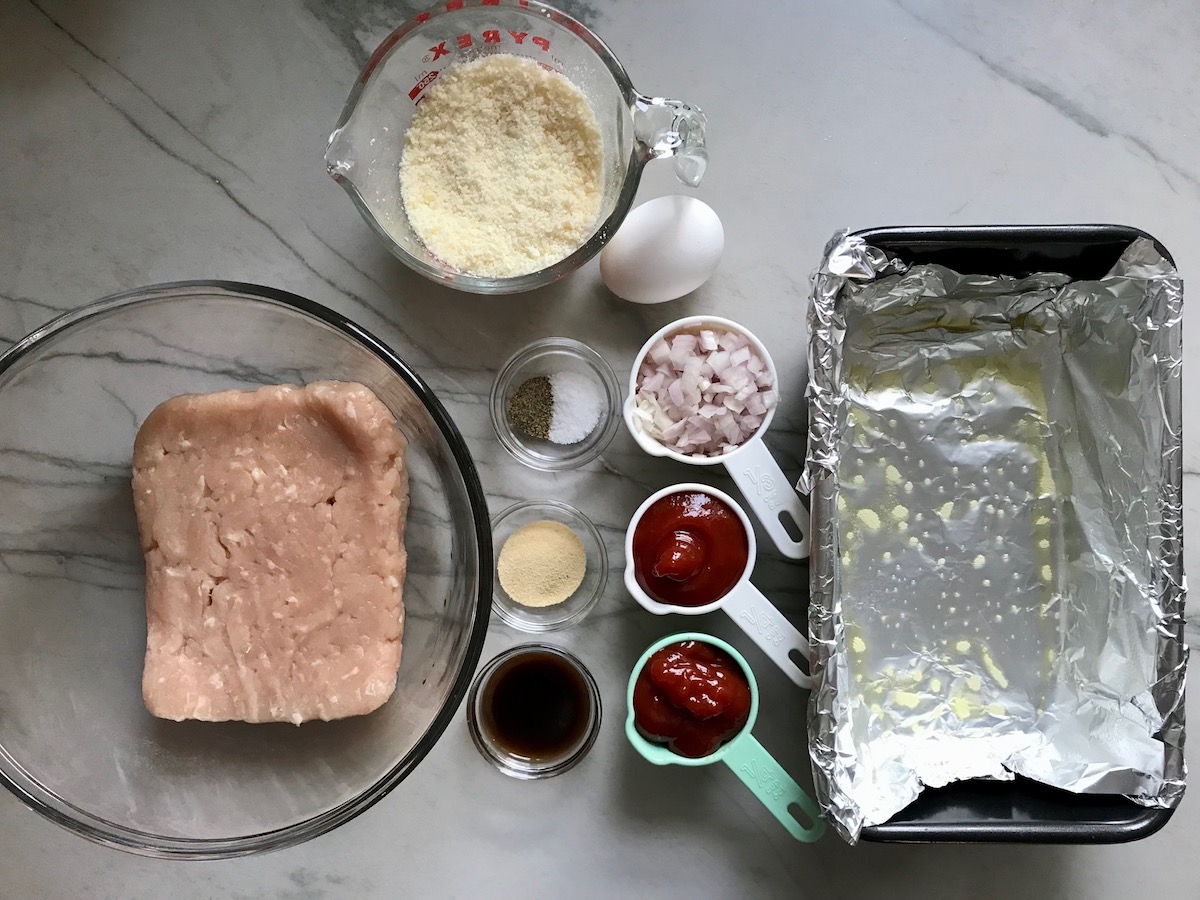All ingredients on counter for Ground Chicken Meatloaf. It's a perfect family dinner main dish!  10 minutes to prep and 45 minutes to bake.