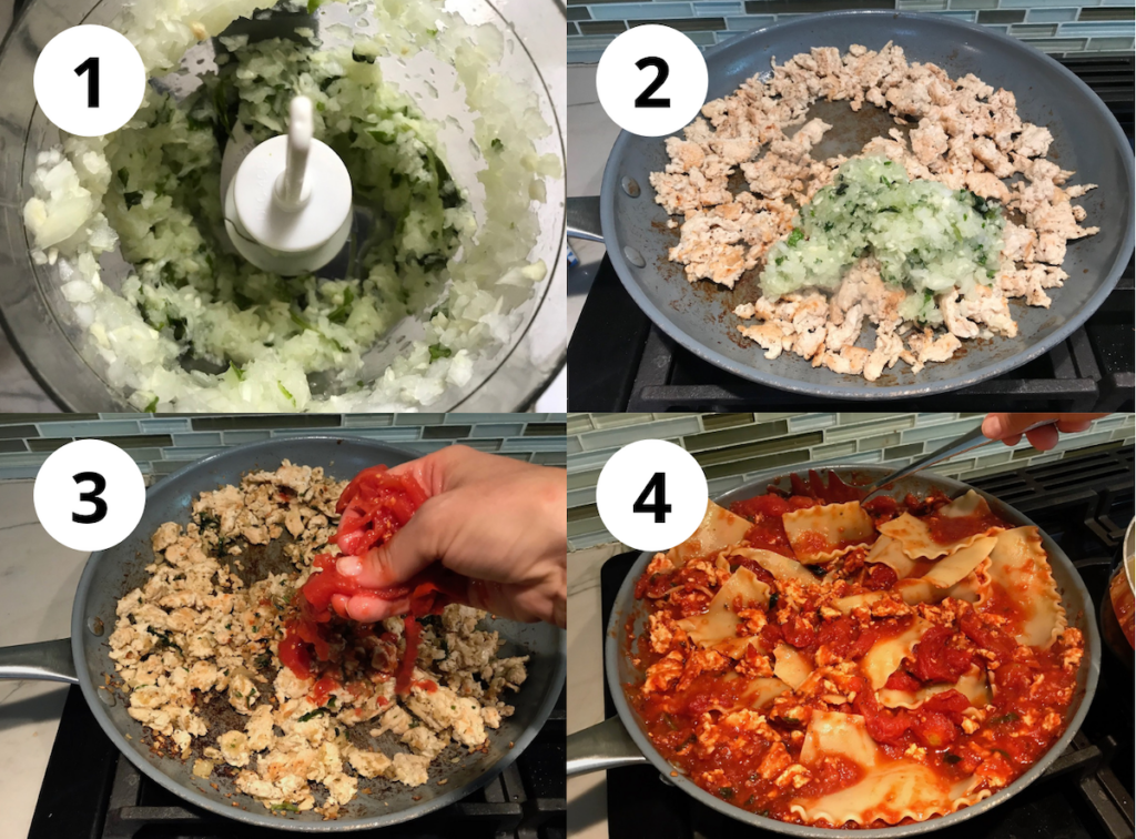 4-Picture collage for No Bake Lasagna showing 4 steps for blending the onions, garlic, basil 2. Cooking the ground chicken and adding onion mix 3. adding tomatoes 4. mixing in cooked noodles.  