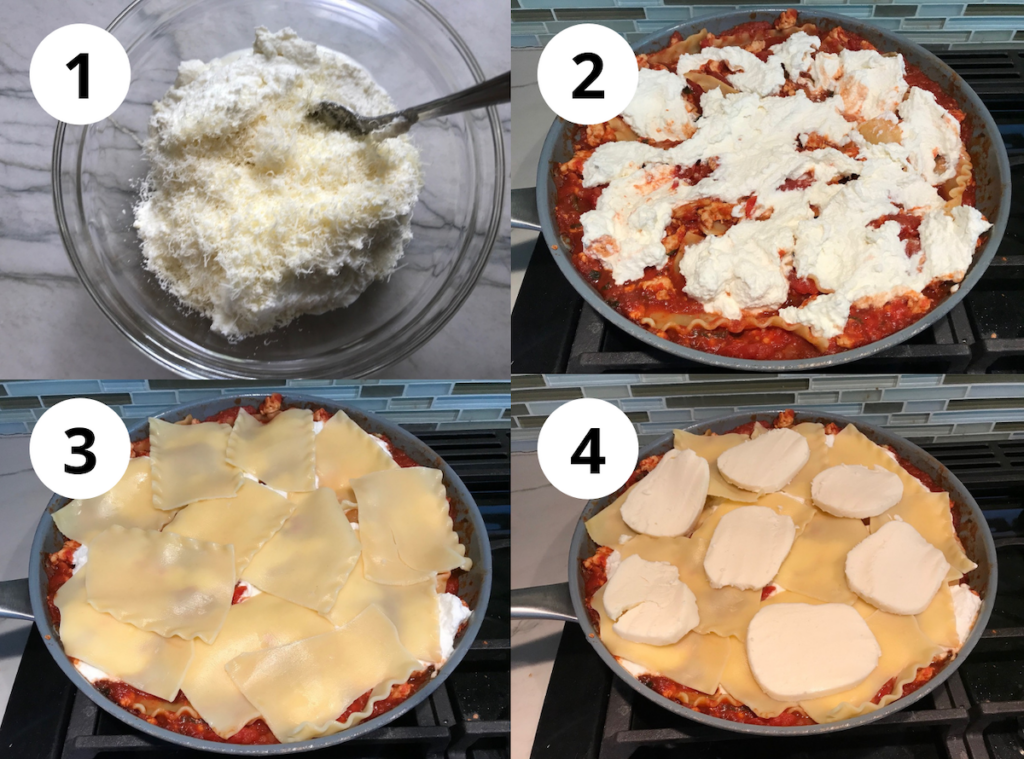 4-Picture collage for No Bake Lasagna showing 4 steps for layering the cheese and noodles. 1. mix ricotta and parm 2. add ricotta to skillet 3. adding more noodles 4.adding fresh mozzarella slices.