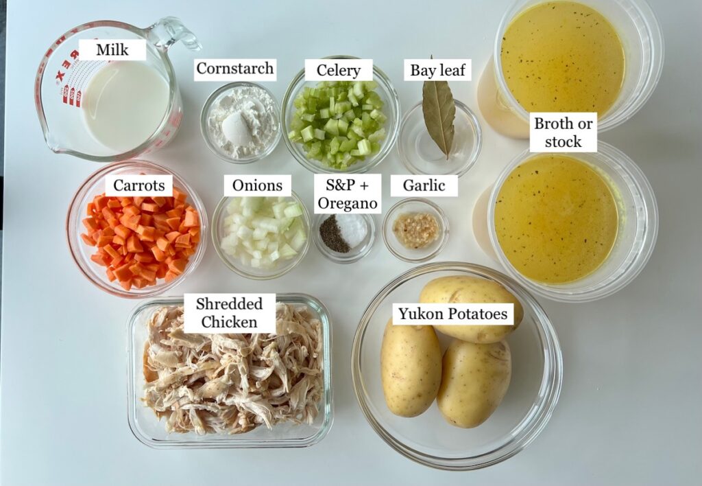All ingredients prepped and measured out into bowls with labels on image for Creamy Chicken Potato Soup Recipe.
