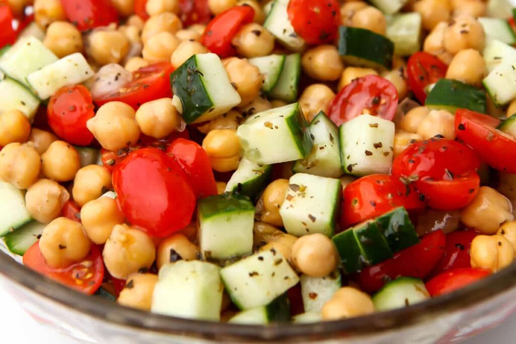 What to serve with pasta bake? This Chickpea Salad from The Hidden Veggies.