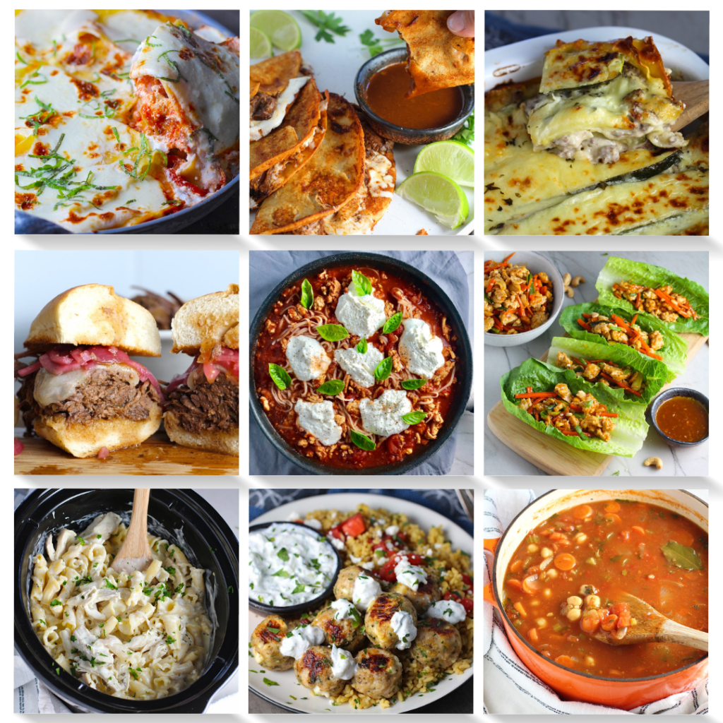 Collage of 9 images of easy Theme Night Dinner Ideas.