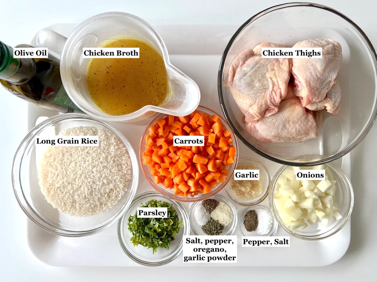 Ingredients prepped and measured out in bowls for Roasted Chicken Rice recipe.