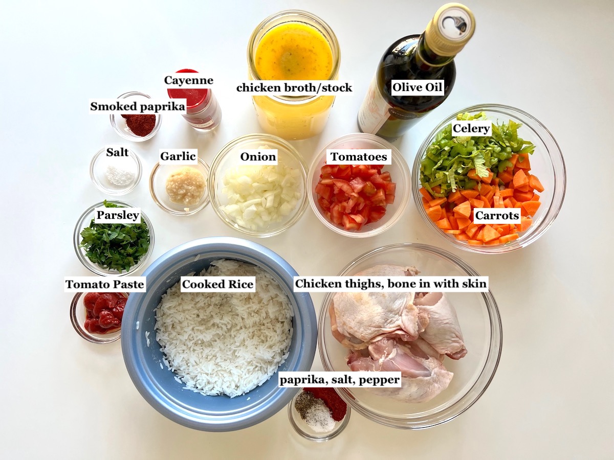 Picture of labeled ingredients prepped and measured out in bowls for the Spanish Chicken Soup Recipe.