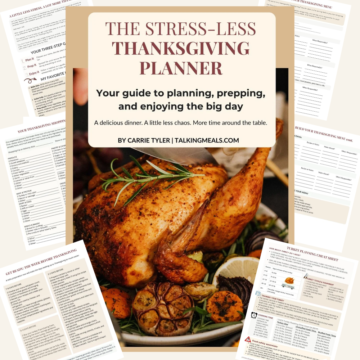 The Stress-Less Thanksgiving Planner Cover with page images fanning out showing checklists and schedules and tips
