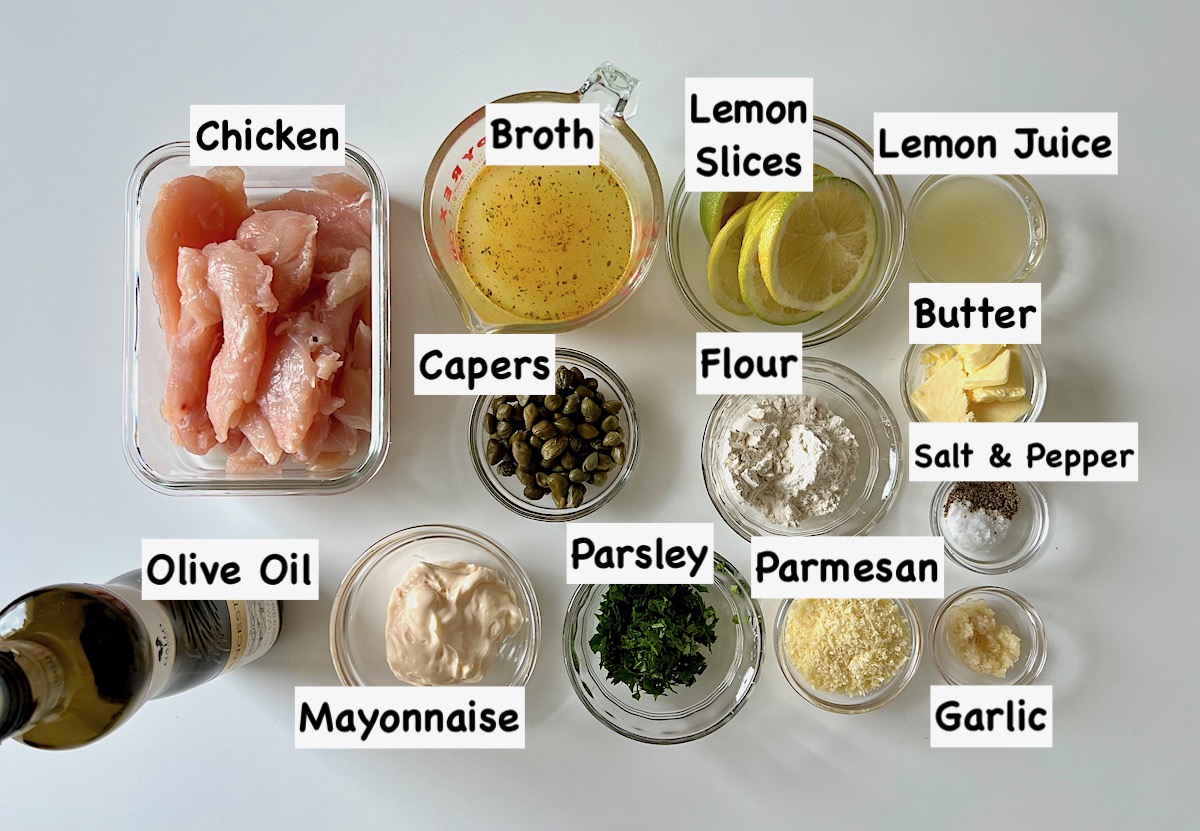 Ingredients prepped and measured out in bowls for the Creamy Chicken Piccata Casserole recipe.