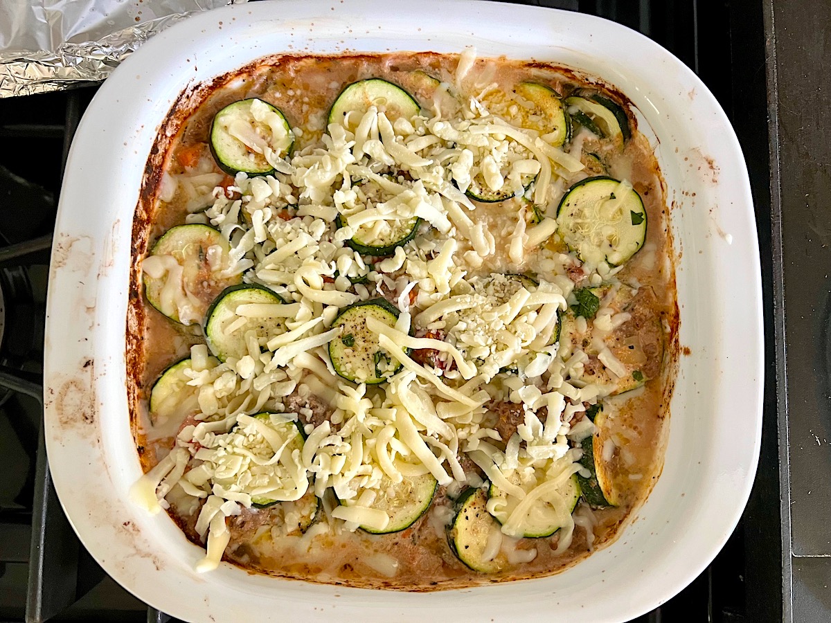 Shredded Mozzarella added on top of the baked casserole to go back under the broiler for the Ground Beef and Zucchini Casserole recipe.