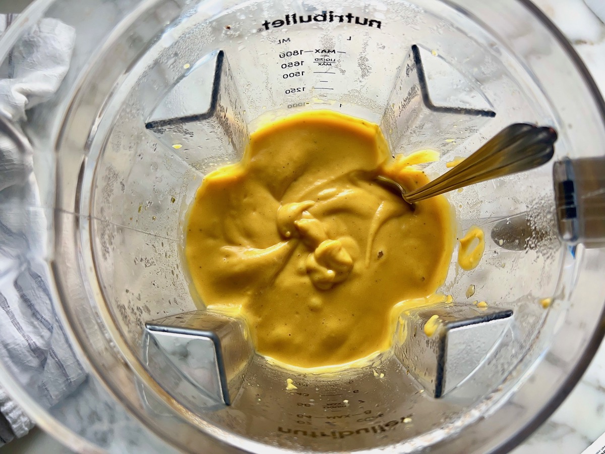 Creamy butternut squash sauce blended in a blender for the Butternut Squash Spaghetti recipe.