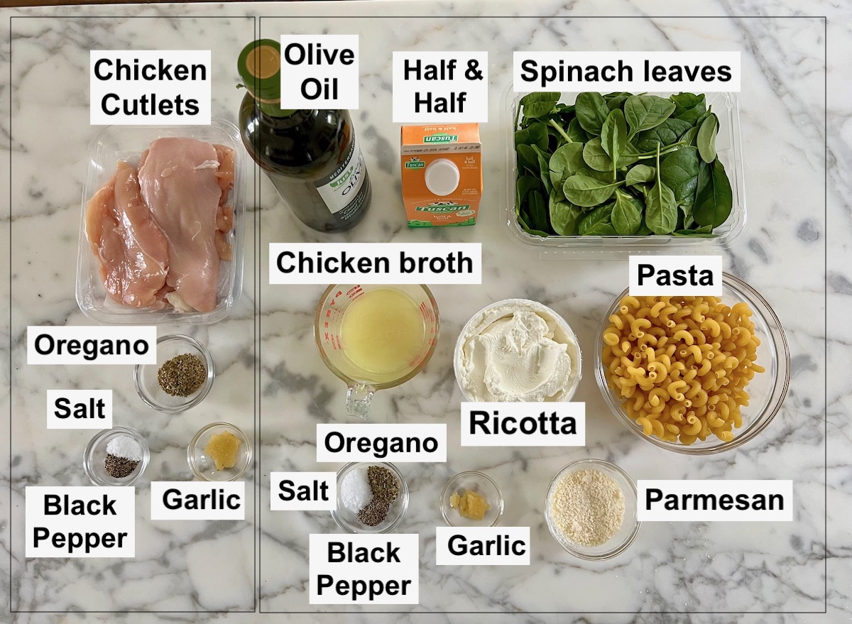 Ingredients prepped and measured out for Chicken Ricotta Pasta Recipe.