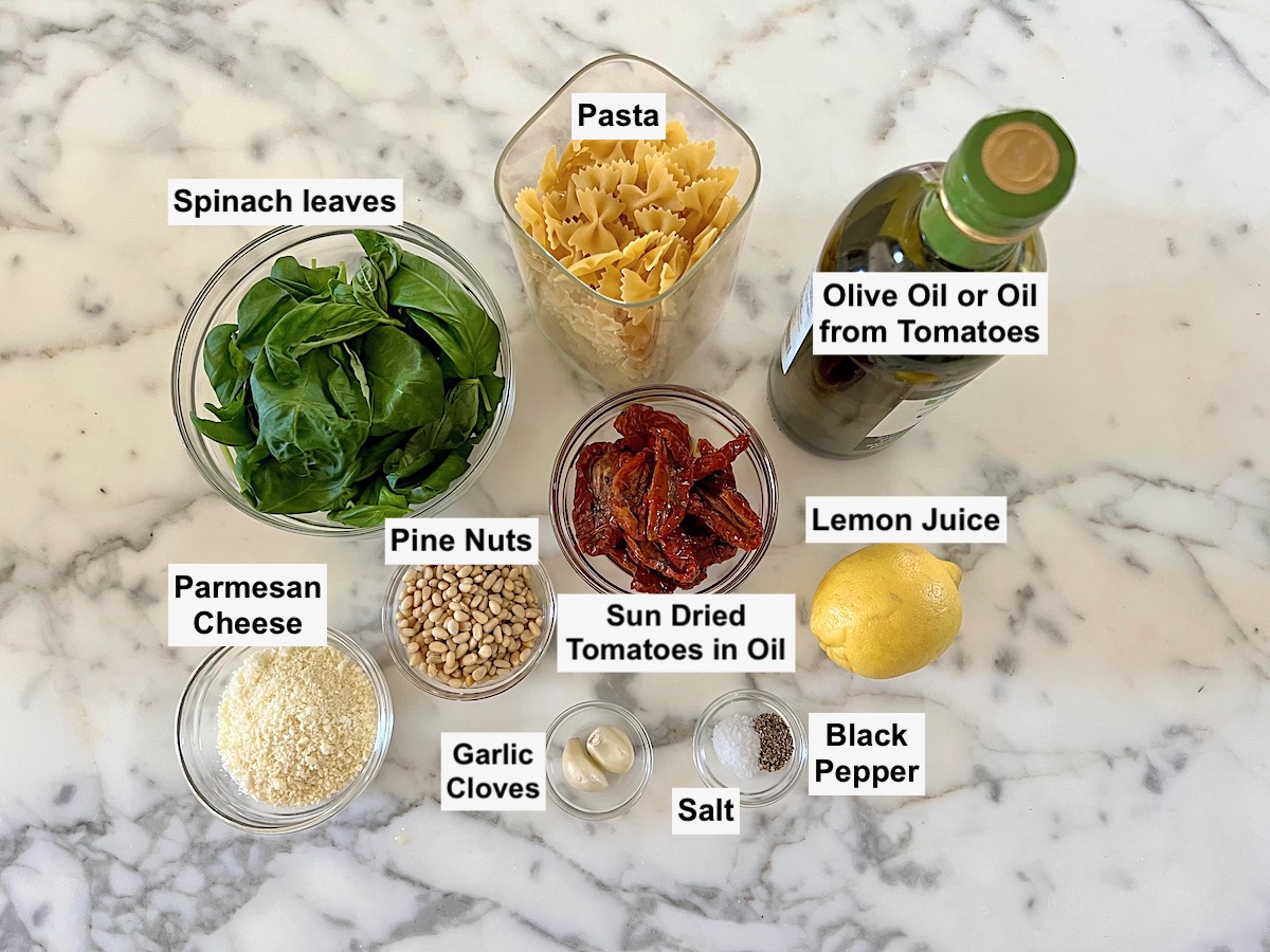 Ingredients prepped and measured out for Sun Dried Tomato Pesto Pasta recipe.