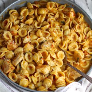 Creamy Sun Dried Tomato Sauce with Chicken and Pasta with serving spoon in a large pan on a kitchen towel that is white with blue stripes.