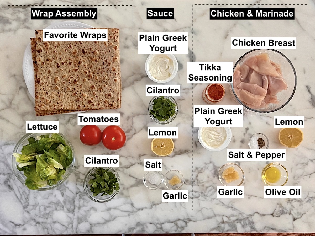 Ingredients prepped and measured out on the counter for the Chicken Tikka Wraps recipe.